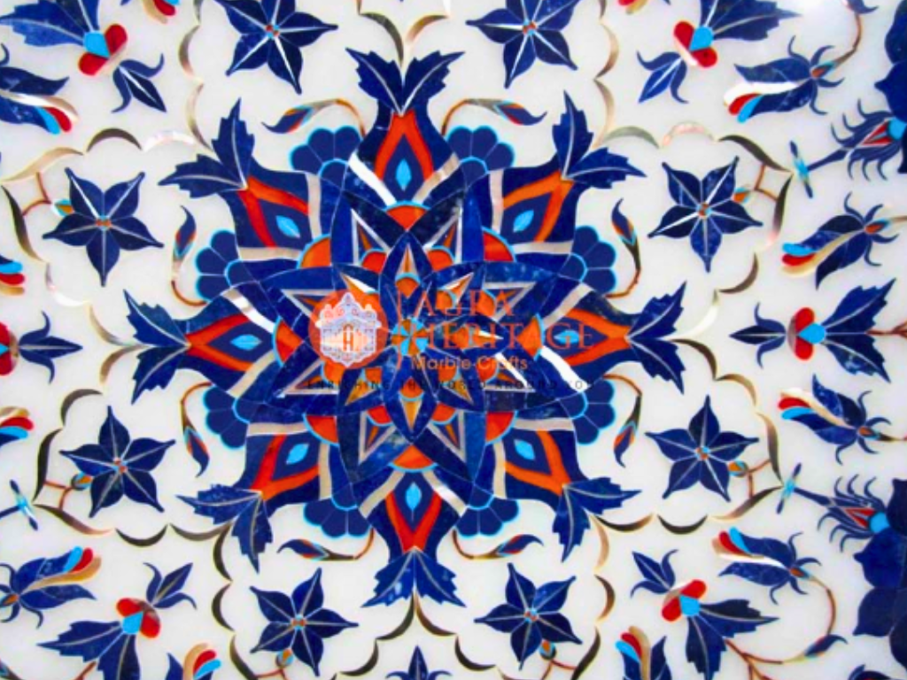 White Marble Lapis Pietradura Floral Interior Table Top